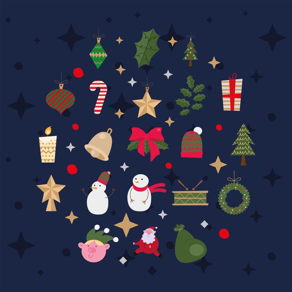 bundle of merry christmas icons circular pattern vector