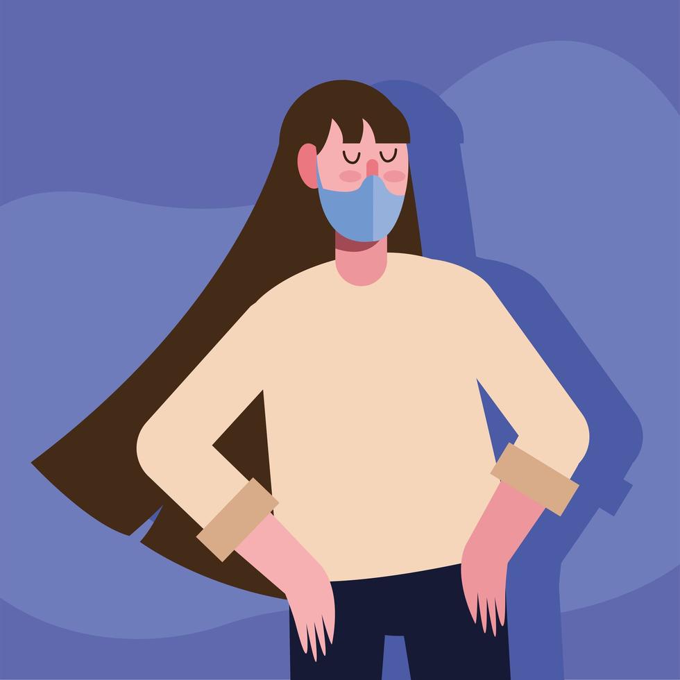 young woman wearing medical mask in purple background vector