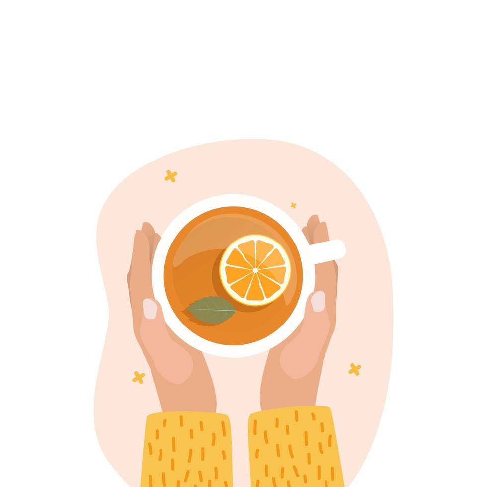 mano con taza de té diseño plano ilustración vectorial vector