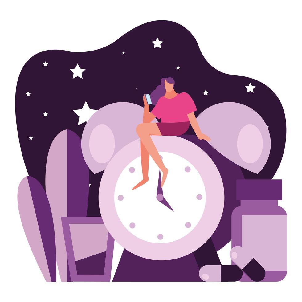 woman seated in alarm clock suffering from insomnia character vector