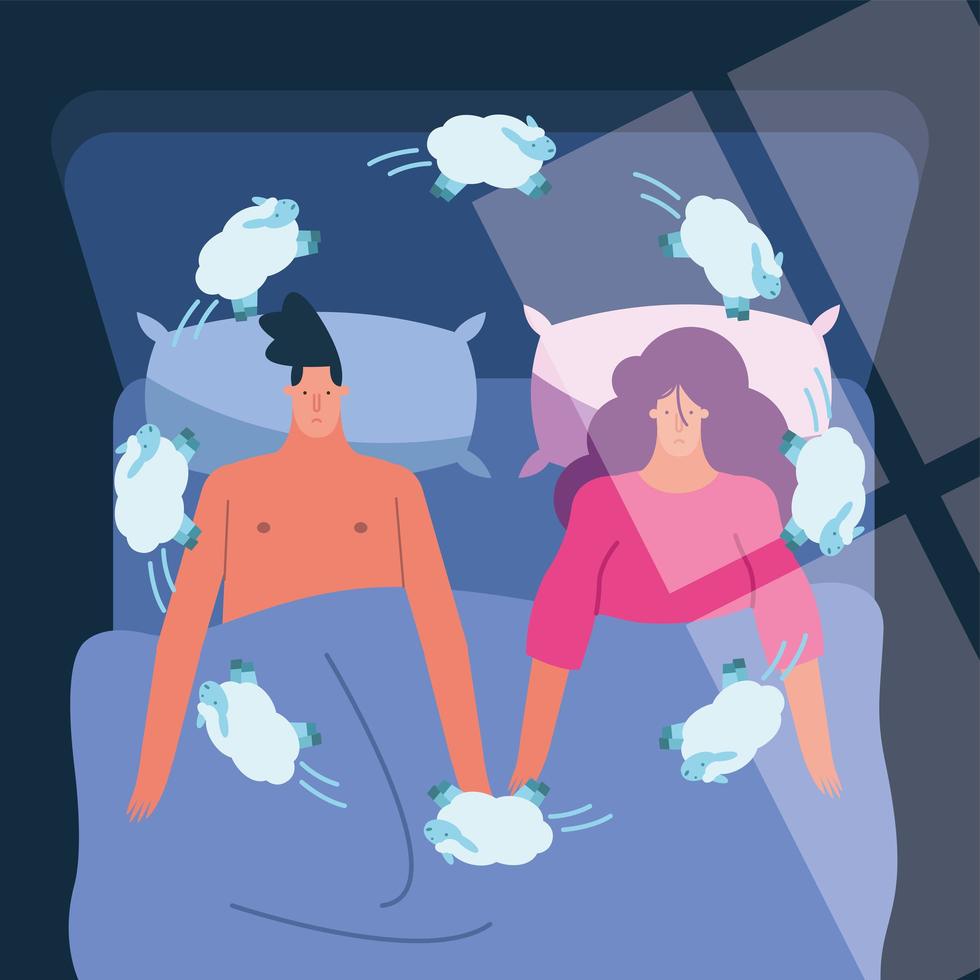 couple in bed counting sheeps suffering from insomnia characters vector