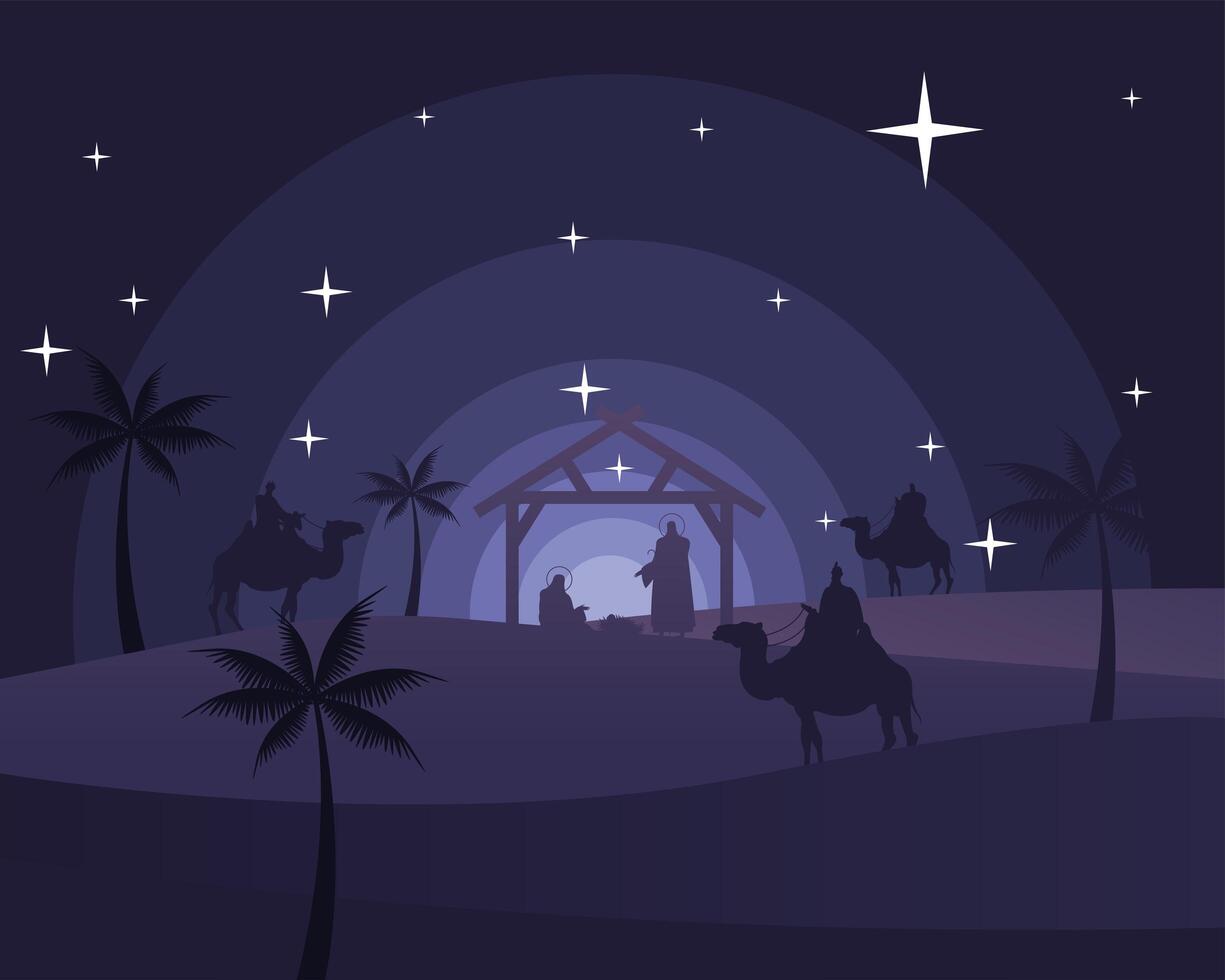 happy merry christmas card with holy family in stable and magic kings in camels silhouette scene vector