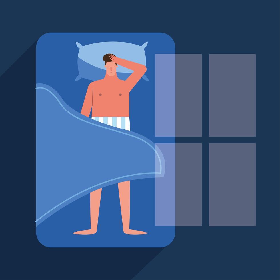 hombre en la cama que sufre de insomnio carácter vector