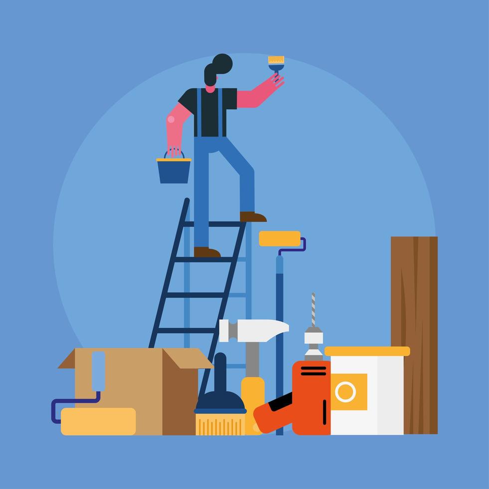 Trabajador constructor masculino remodelación en escalera pintada vector