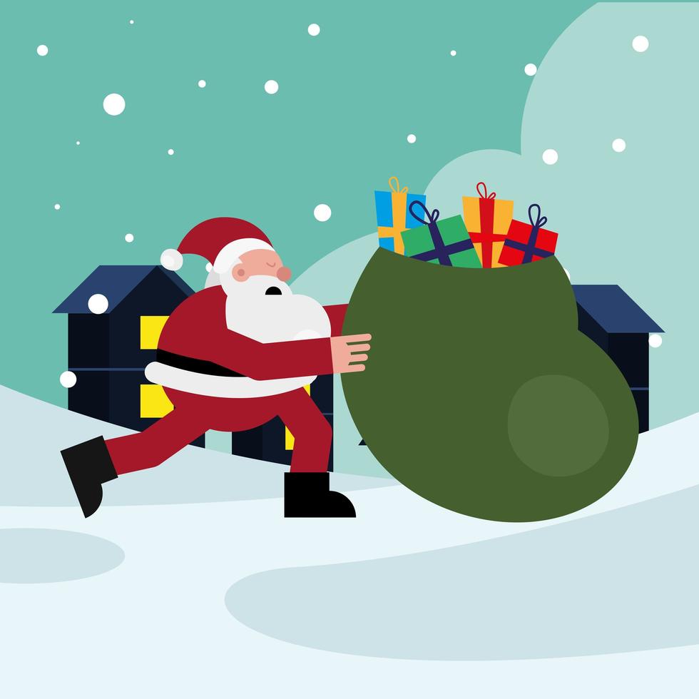 santa claus corriendo con bolsa de regalos personaje navideño vector