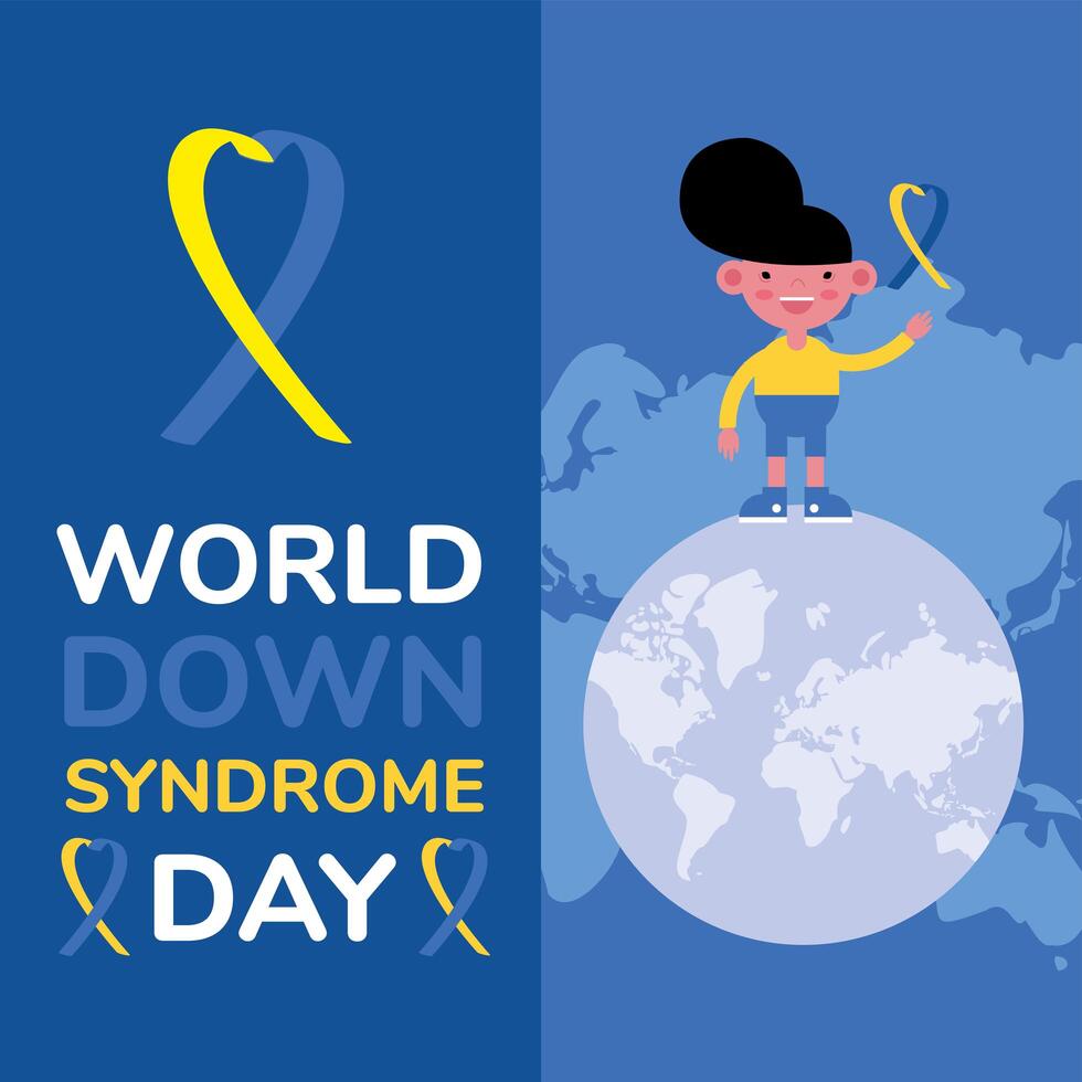 world down sindrome day campaign poster with little boy and ribbon in earth planet vector