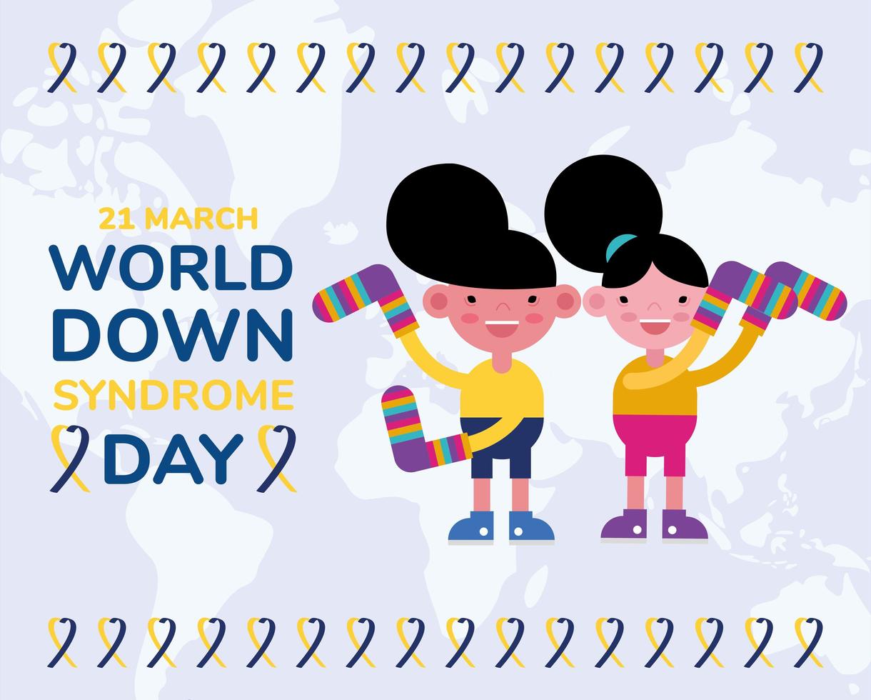 world down sindrome day campaign poster with kids and colors socks vector