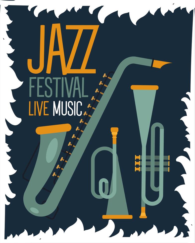 cartel del festival de jazz con saxofón y trompetas. vector