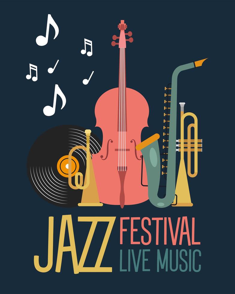 cartel del festival de jazz con instrumentos y notas musicales. vector