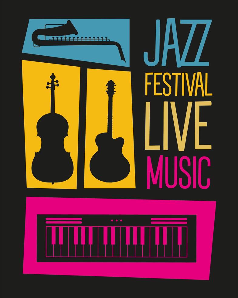 cartel del festival de jazz con instrumentos y letras. vector