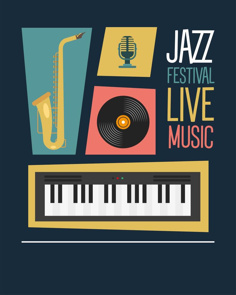 cartel del festival de jazz con instrumentos y letras. vector