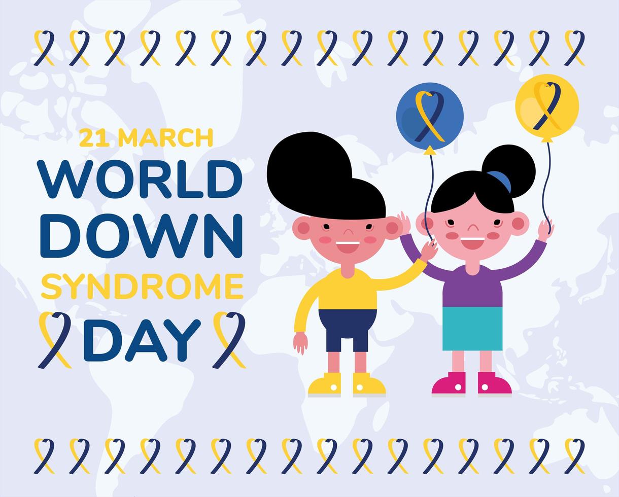 world down sindrome day campaign poster with kids and balloons helium vector