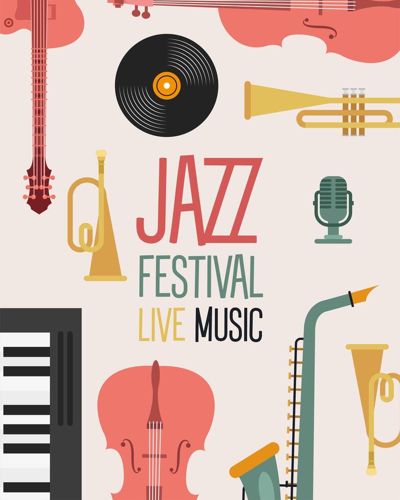 cartel del festival de jazz con instrumentos y letras. vector