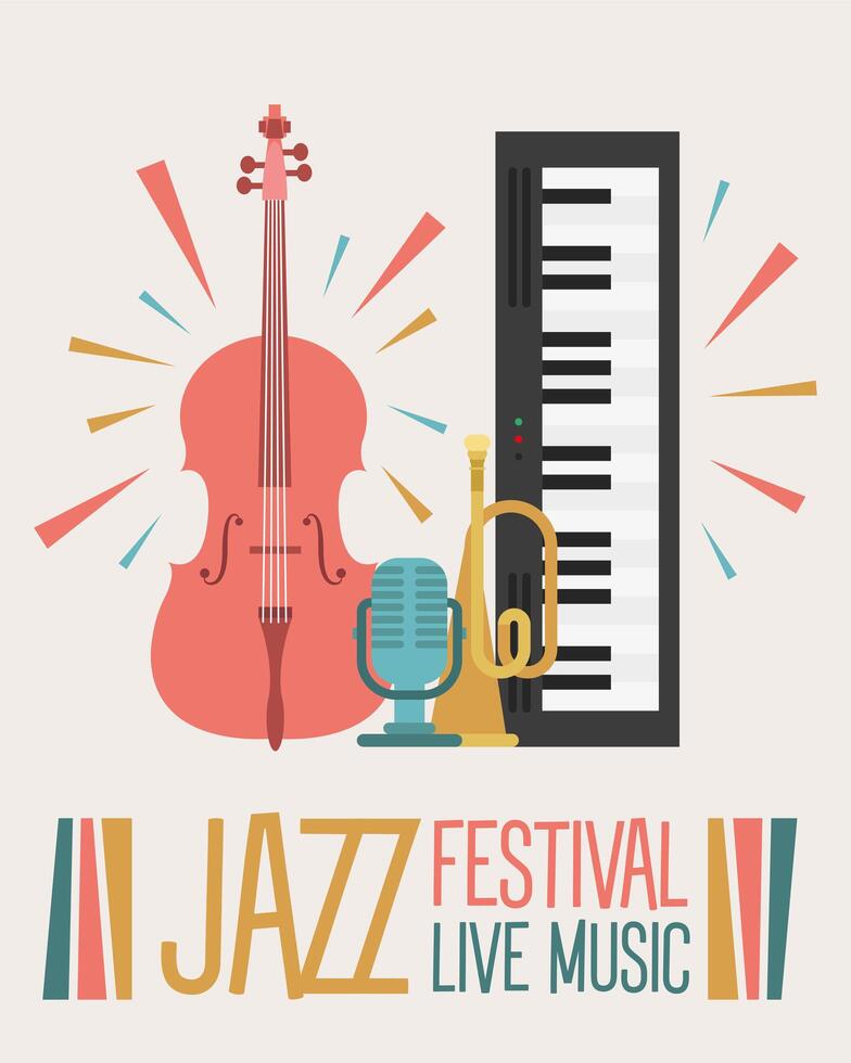 cartel del festival de jazz con instrumentos y letras. vector