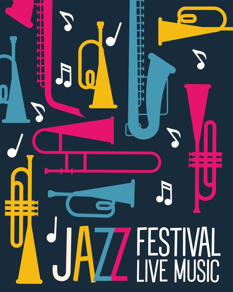 jazz festival poster with instruments and lettering vector