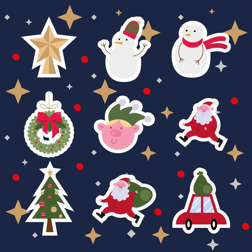 paquete de nueve iconos de feliz navidad vector