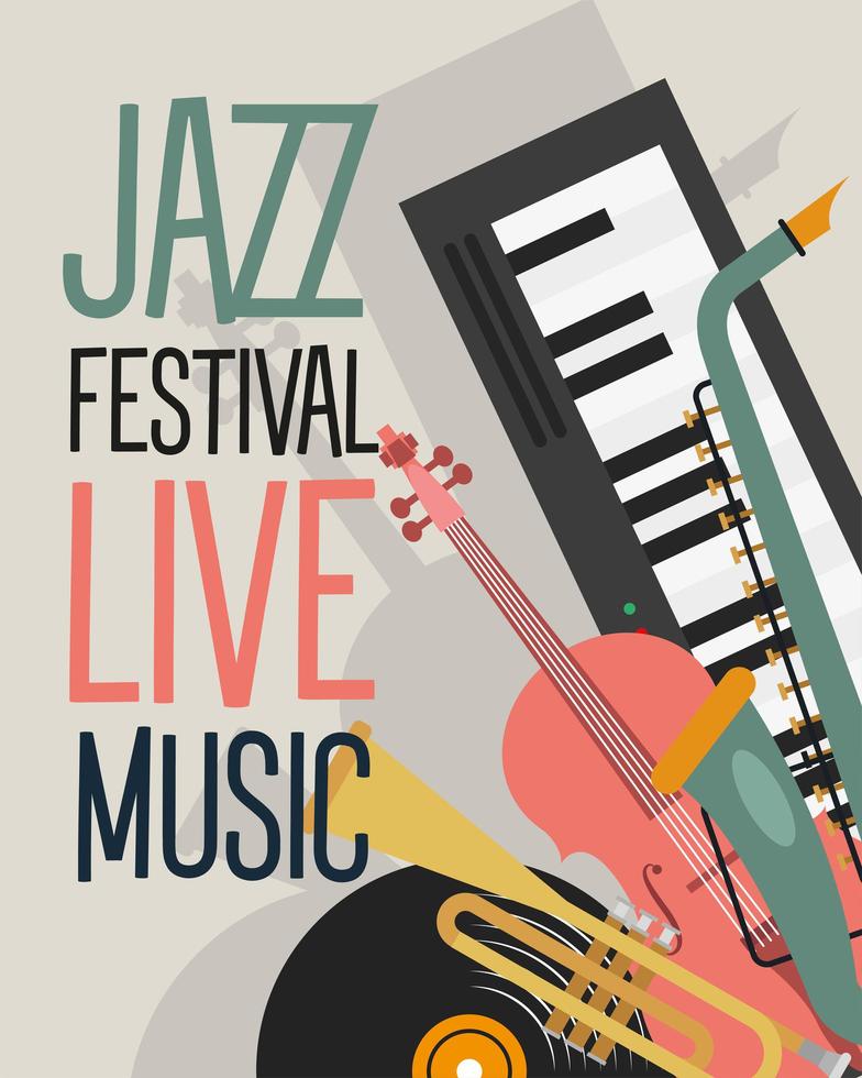 cartel del festival de jazz con instrumentos y letras. vector