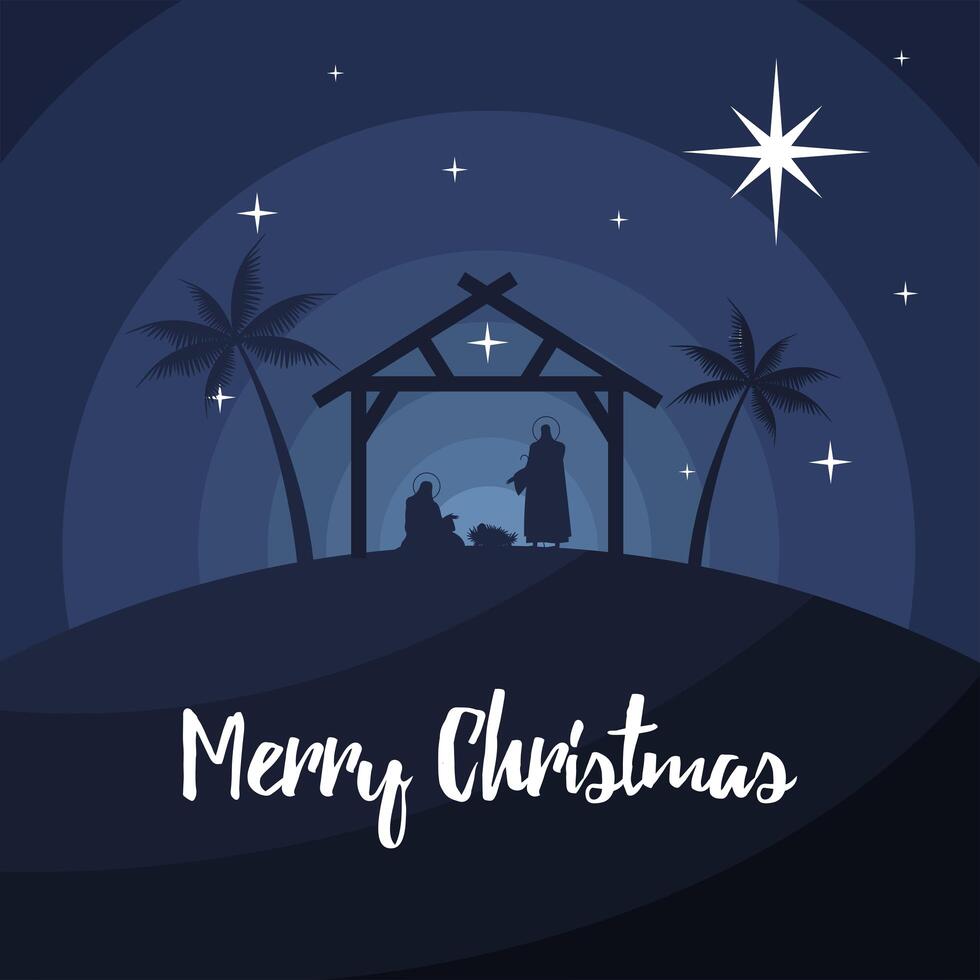 happy merry christmas lettering with holy family in stable silhouette vector