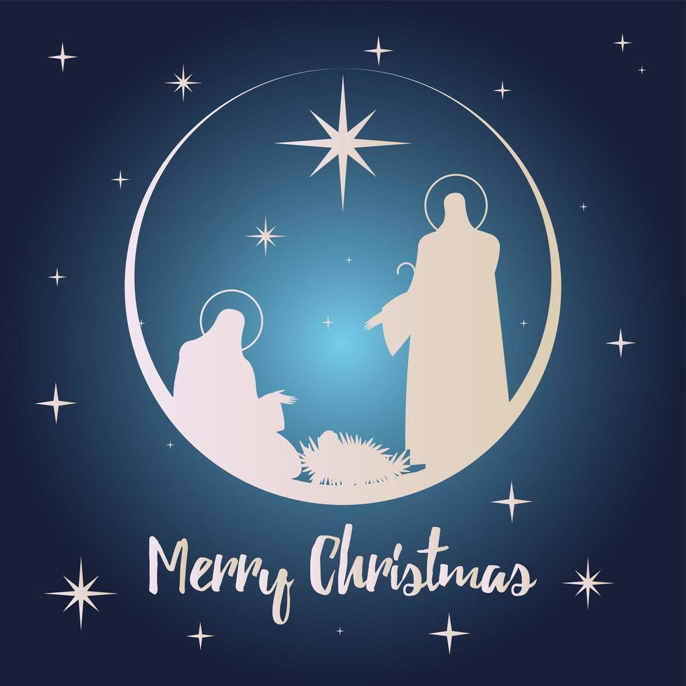 Feliz Navidad letras con escena de silueta de la Sagrada Familia vector