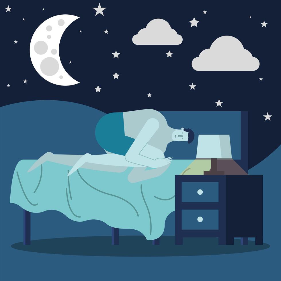 man in bedroom night scene suffering from insomnia character vector