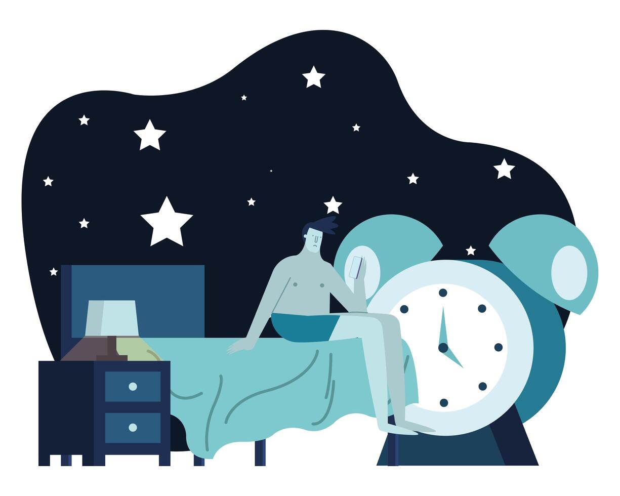 man in bedroom with alarm clock night scene suffering from insomnia character vector