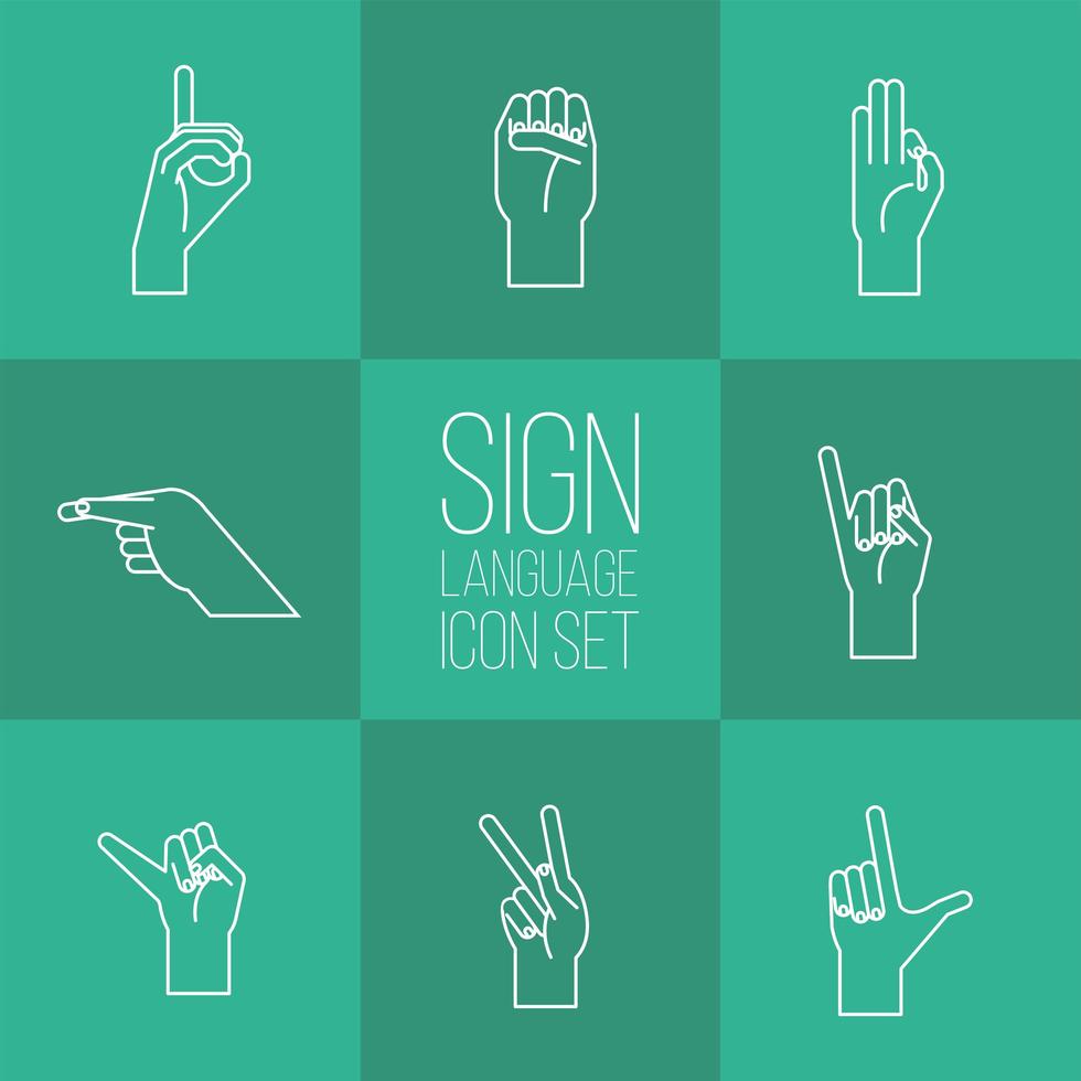 lenguaje de señas de mano alfabeto línea estilo conjunto iconos diseño vectorial vector