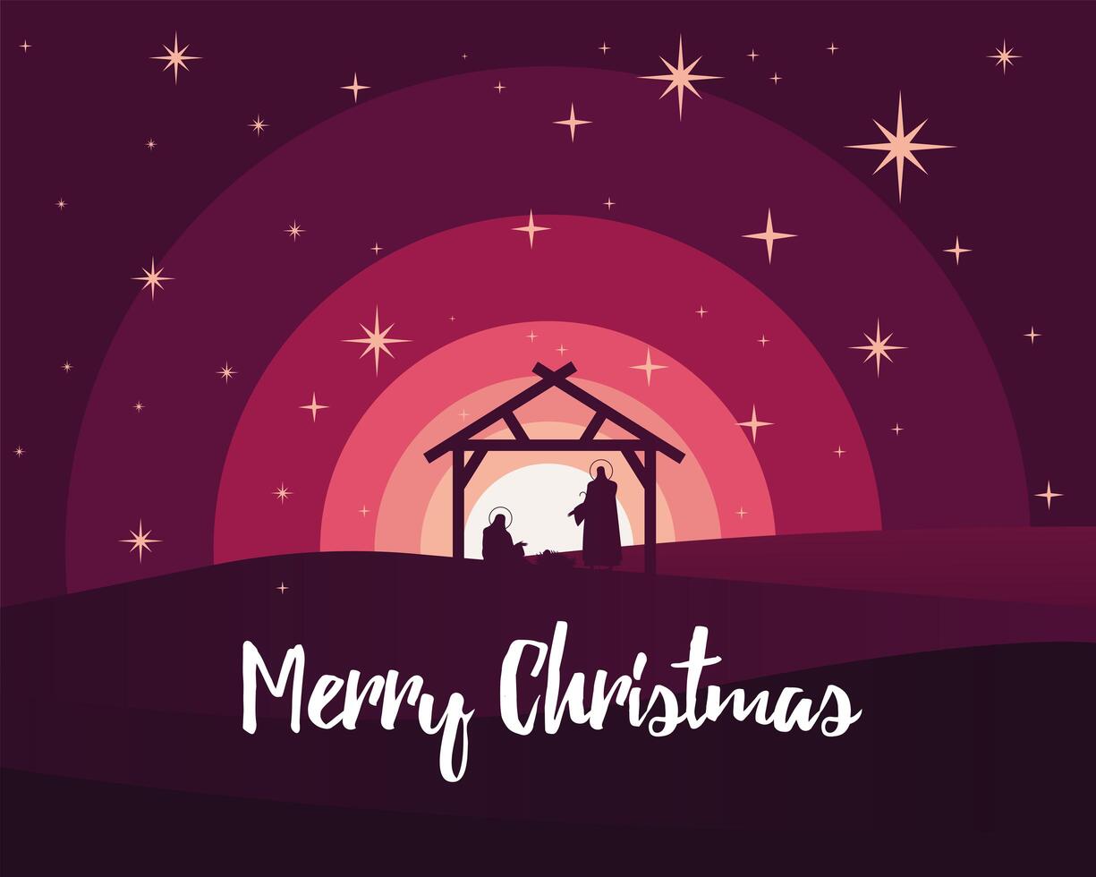 happy merry christmas lettering with holy family in stable silhouette scene vector