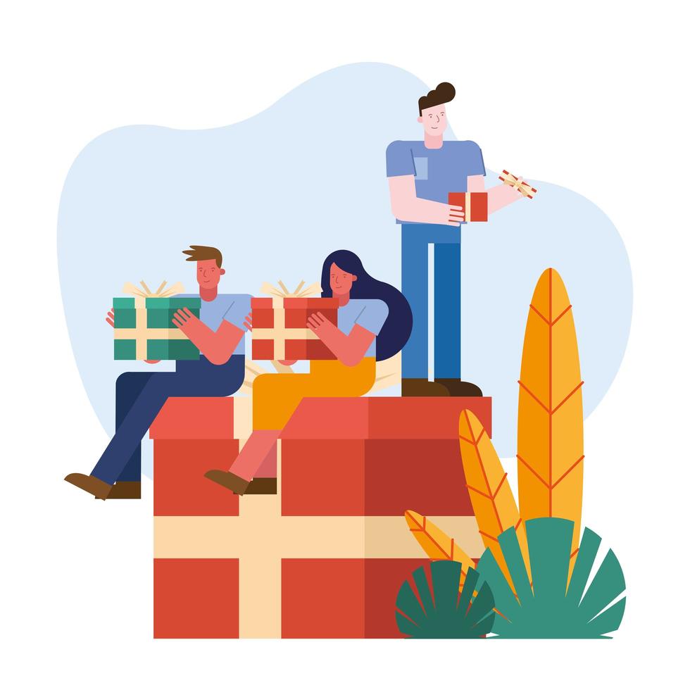 people opening gifts characters scene vector