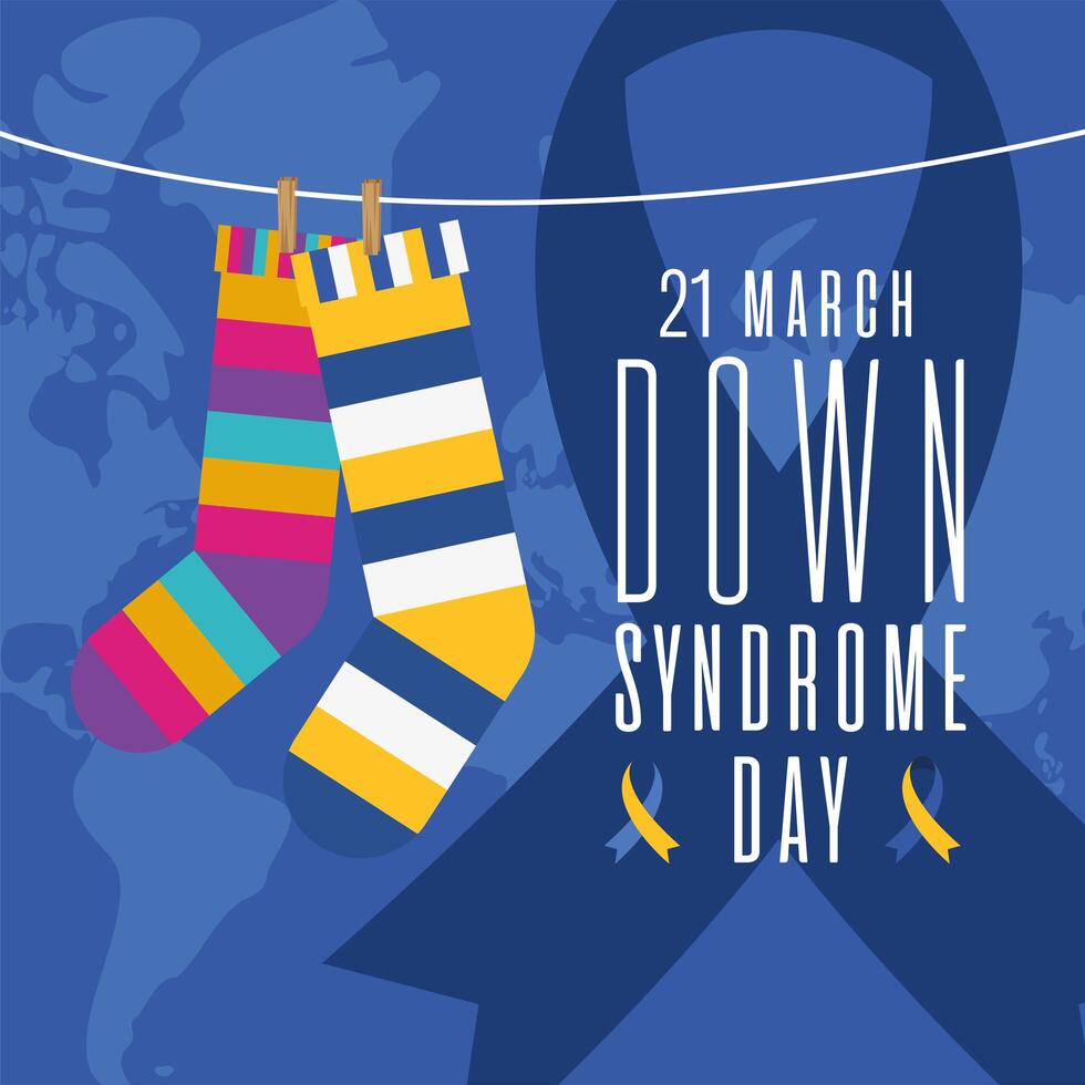 down syndrome day striped socks and ribbon on world map background vector design