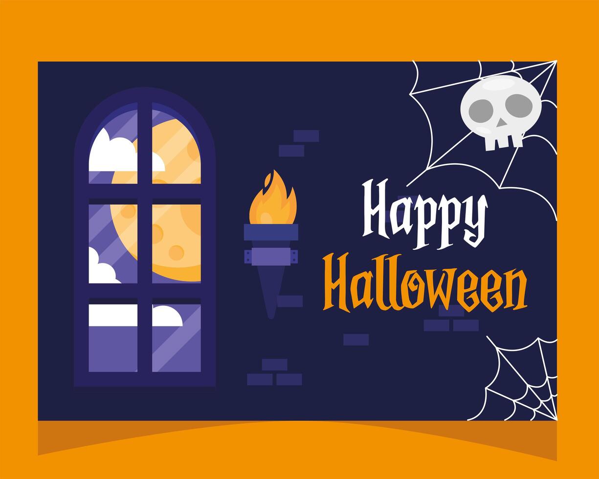 happy halloween lettering card with skull in spidernet vector
