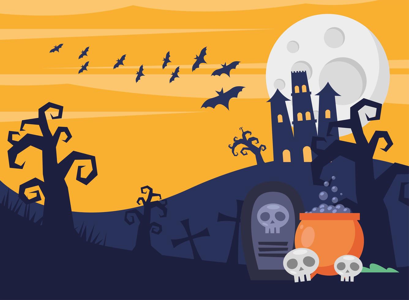 Tarjeta de feliz halloween con castillo embrujado y caldero en el cementerio vector