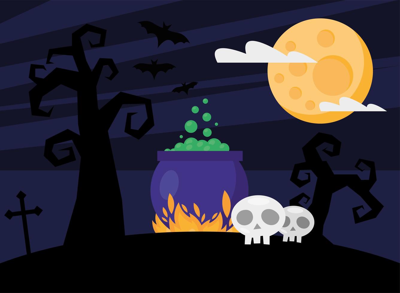 happy halloween card with skulls and cauldron dark scene vector