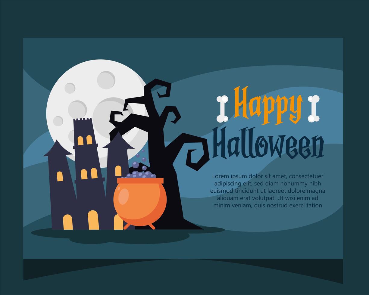 happy halloween lettering card with haunted castle and cauldron vector