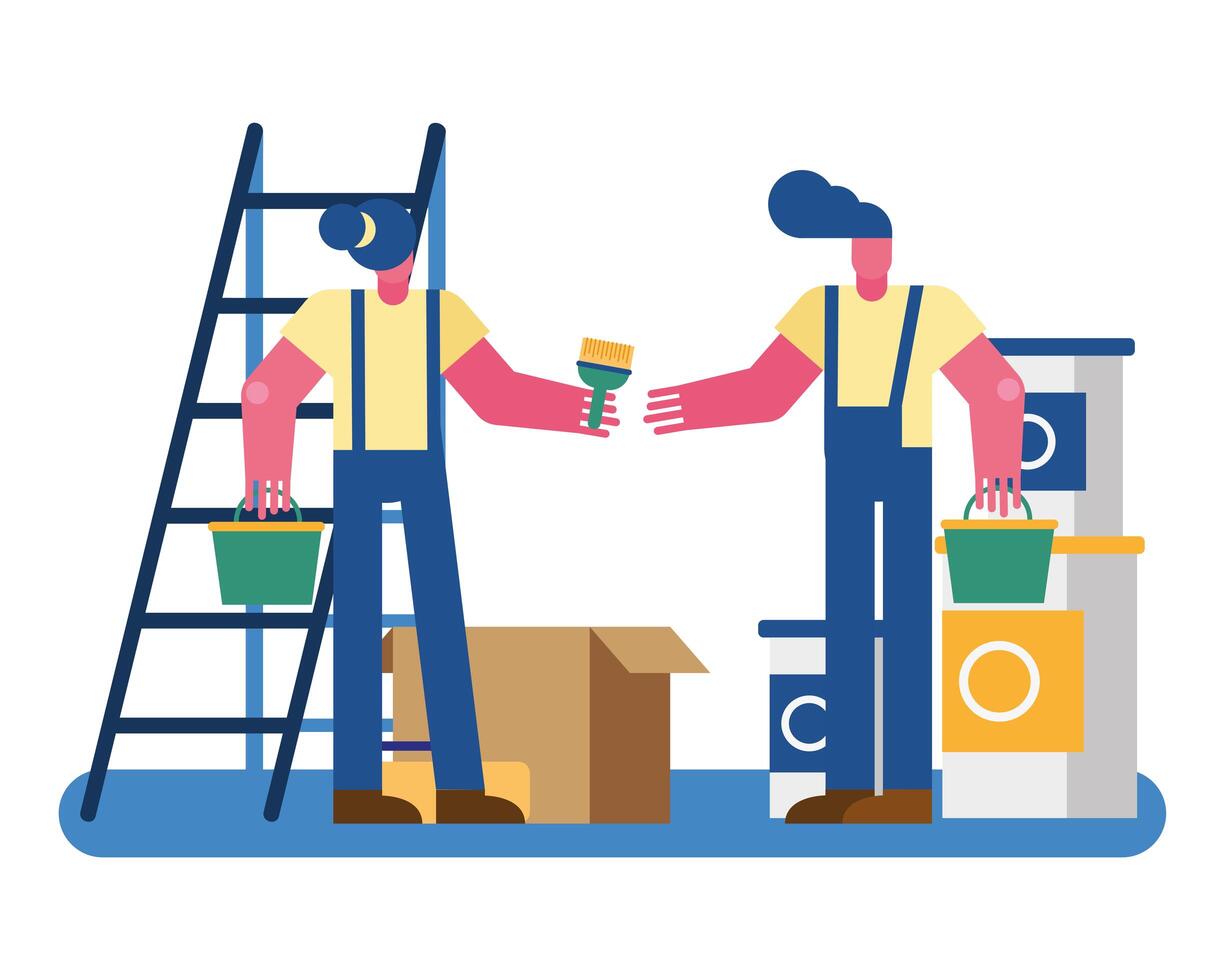 constructors workers couple remodeling with stairs and tools vector