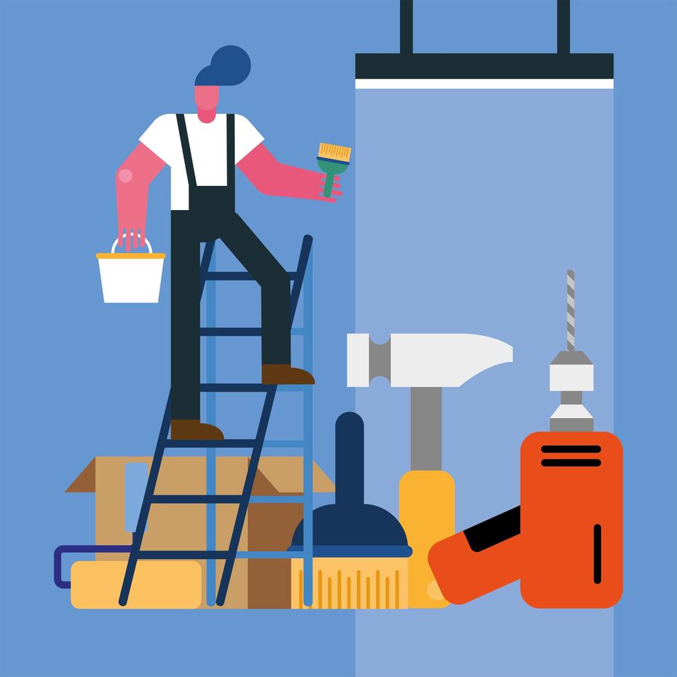 Trabajador constructor masculino remodelación en escalera con herramientas vector