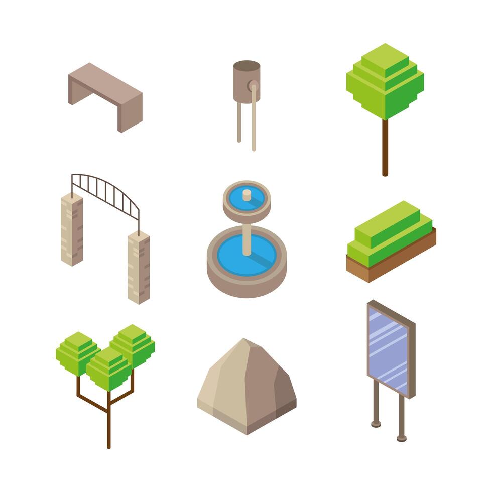 paquete de nueve iconos de estilo isométrico de parque vector