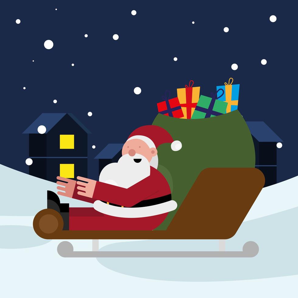 santa claus with gifts bag in sled christmas character vector