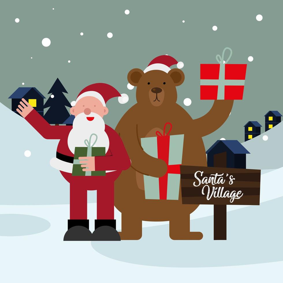 santa claus and bear with gifts christmas characters vector