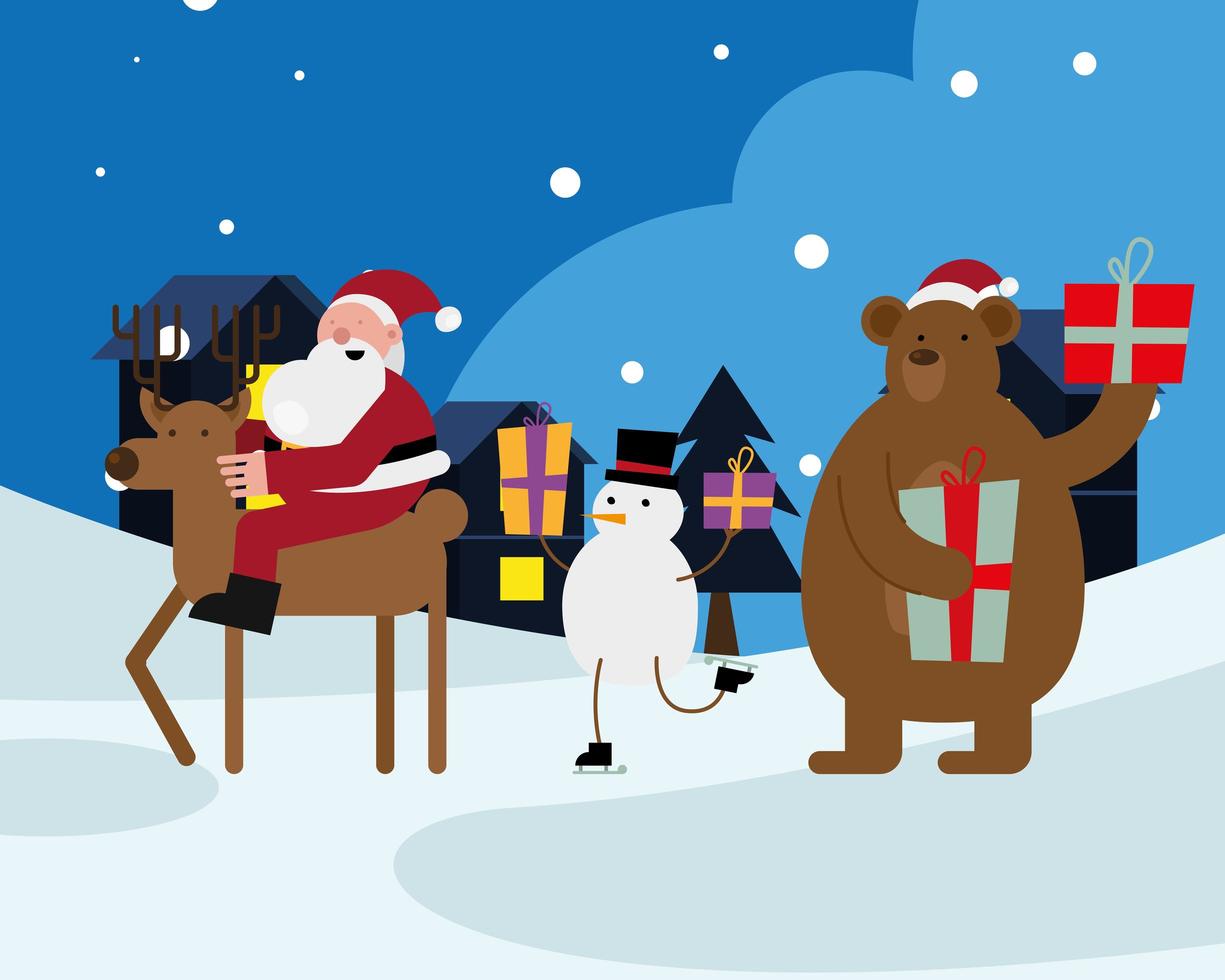 santa claus en reno con muñeco de nieve y oso personajes navideños vector