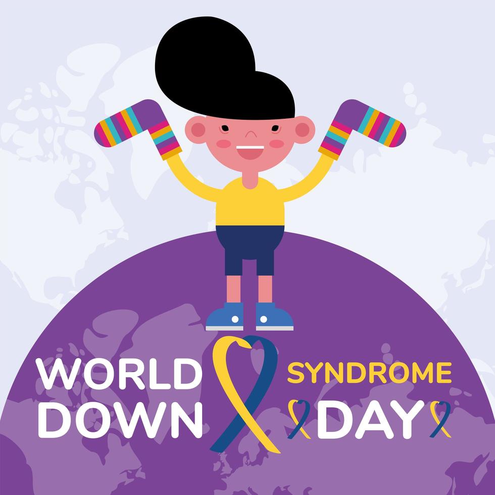 world down sindrome day campaign poster with little boy lifting socks in earth planet vector
