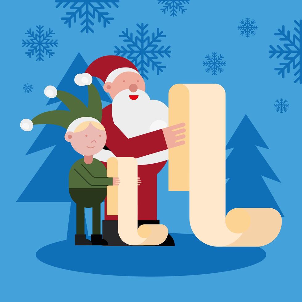 santa claus y elfo leyendo lista de regalos personajes navideños vector