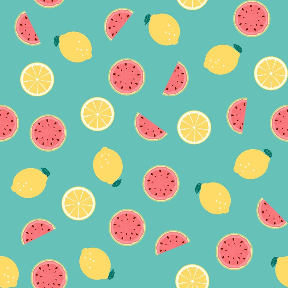 Seamless Pattern with Lemon and Watermelon Fruits. Vector Illustration