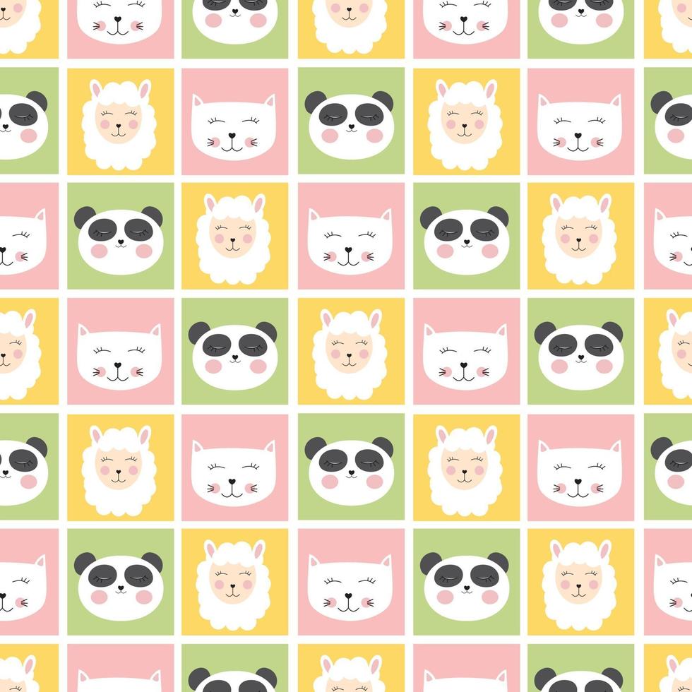 Cute seamless pattern with animals panda, cat and sheep for kids, child background. Vector illustration