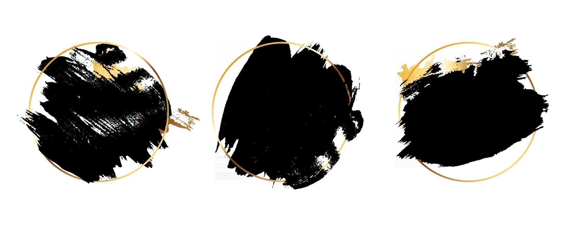 marco de círculo dorado con fondo de pintura negra splash, conjunto de plantillas de banners de trazos de pincel. ilustración vectorial vector