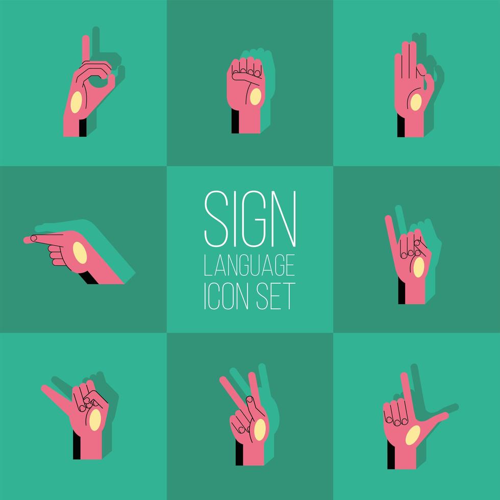 lenguaje de señas de mano alfabeto línea y estilo de relleno establecer iconos diseño vectorial vector