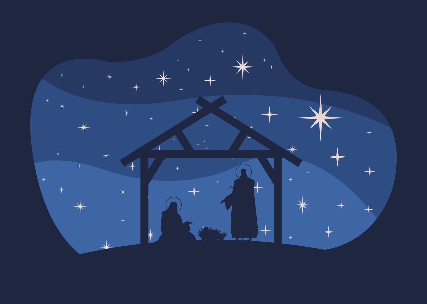 happy merry christmas card with holy family in stable silhouette scene vector