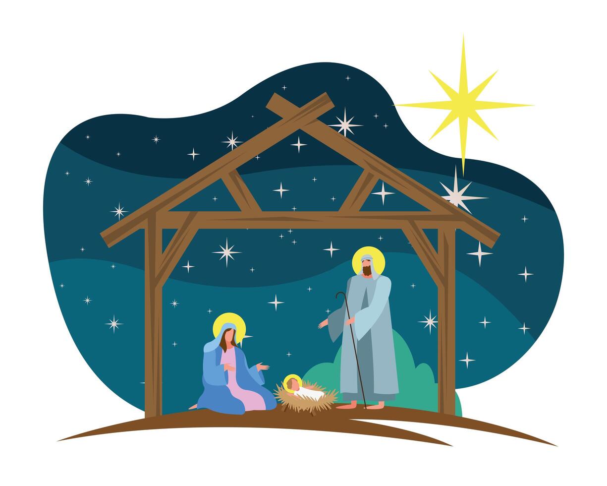 happy merry christmas card with holy family in stable scene vector