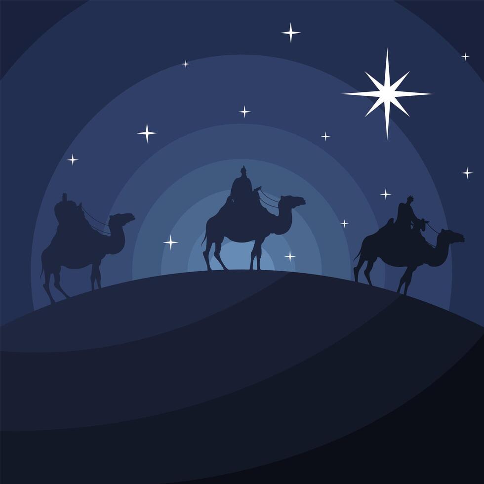 Feliz tarjeta de feliz navidad con reyes mágicos en silueta de camellos vector