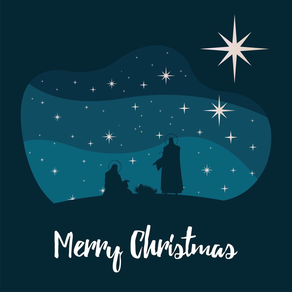 happy merry christmas lettering with holy family silhouette scene vector