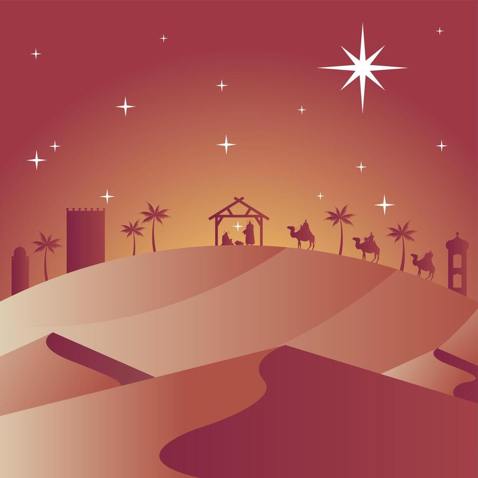 happy merry christmas card with holy family in stable and magic kings in camels silhouettes vector